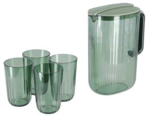 Mugge i plast med lokk og 4 glass, 2 liter