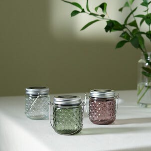 Solcellelykt i glasskrukke, høyde 8 cm