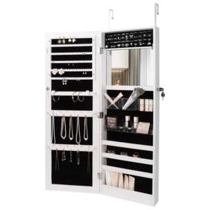 Ripustettava kaappi koruille ja meikeille peilillä, valkoinen