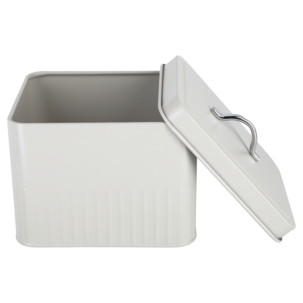 Plåtlåda med lock och etiketter, beige