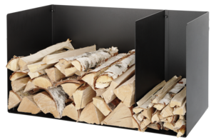 Lav vedholder med 2 rom i svart stål, til innendørs bruk, 39 x 70 cm