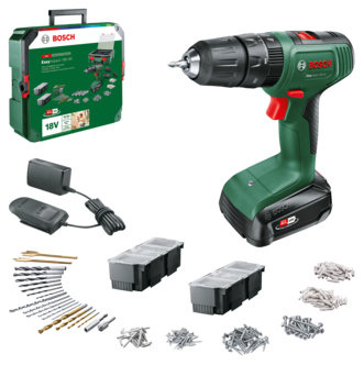Bosch 18V drill med slag, boks og 241 tilbehør