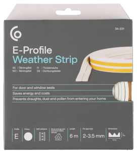 Tetningslist, E-profil hvit, 2–3,5 mm
