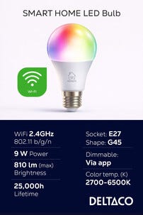 Deltaco Smart Home RGB LED-lampa E27 WiFi, 9 W