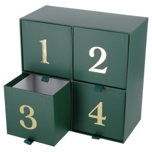 Adventskalender att fylla själv, 4 lådor, grön/guld