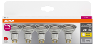 Dimbar reflektorpære GU10 LED 3,4 W, Osram, 5-pakning