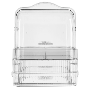 Bærbart sminkeskrin med skuffer i gjennomsiktig plast