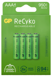 Oppladbare batterier AAA / HR3, 950 mAh GP ReCyko, 4-pakning