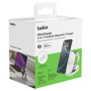 Belkin UltraCharge 3 in 1 vikbar Qi2-laddare, 25W