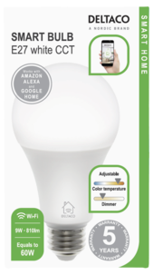 Deltaco Smart Home WiFi dimbar LED E27 9 W 