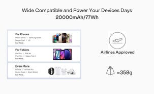 Powerbank med sladd, USB-C, 20 000 mAh