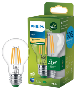 Varmhvit LED-pære E27 A60 2,3 W, Philips Ultra Efficient