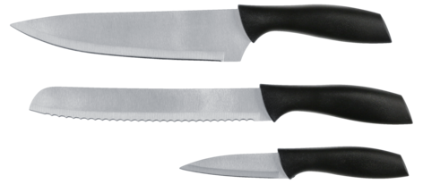 Knivsett med 3 kniver: kokkekniv, brødkniv og skrellekniv