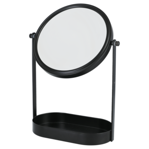 Rundt sminkespeil med forstørrelse og oppbevaring, svart