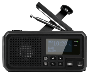 Bärbar nödradio med vev och solceller, DAB+/FM
