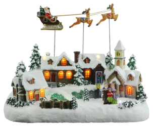 Jouluinen kylä, jossa joulupukki, poroja ja reki