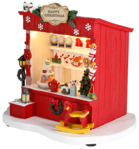 Juleby kiosk med lys og julemusikk