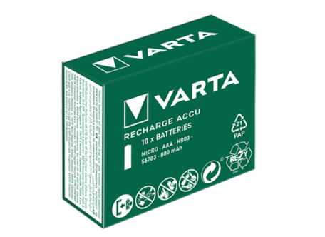 Varta Power oppladbare AAA-batterier (HR03), 10-pakning
