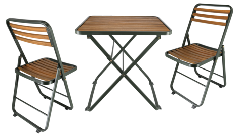 Kafésett, utemøbler med bord og to stoler, grønt metall, tre