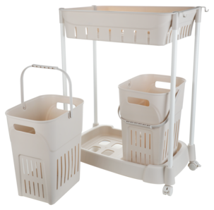 Rullavaunu, jossa 2 pyykkikoria ja 1 kori, 52,5 x 34 x 70 cm