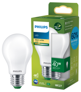 Varmhvit LED-pære E27 A60 2,3 W, Philips Ultra Efficient