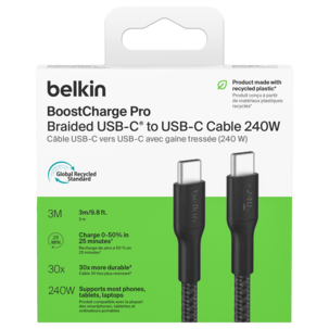 Belkin BoostCharge Pro Braided flettet USB-C-kabel 240W, svart