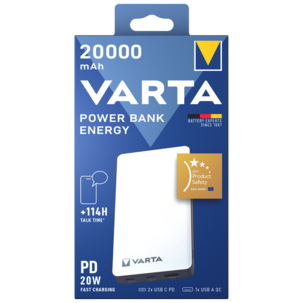 Varta Energy powerbank 20 000 mAh, 3 USB-porter
