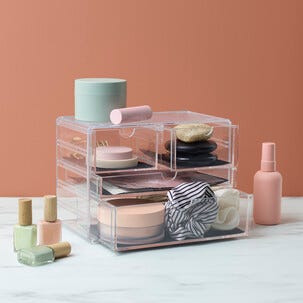 Meikkiteline, jossa 4 laatikkoa, laatikosto kirkasta muovia