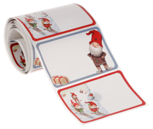 Juletiketter på rulle, motiv med jultomtar, 50-pack