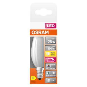 Dimbar mignon lyspære LED E14 Osram, varmhvit