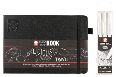 Anteckningsbok med svarta blad och 3 vita pennor, Sakura