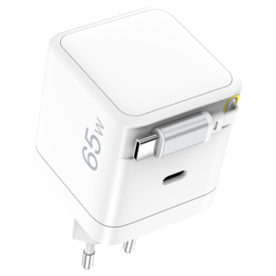 Hurtiglader 65 W med uttrekkbar USB-C-kabel, hvit