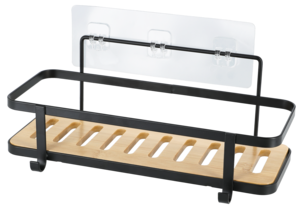 Hylly kylpyhuoneen seinään, bambu, musta metalli