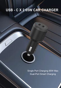 Mobillader til bil 12 V med 2 x USB-C, 65 W billader