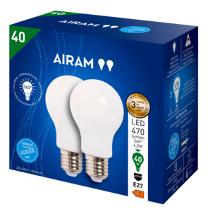 Airam Lamppu LED E27, neutraalin valkoinen, 2 kpl