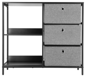 Lav hylle i metall med skuffer i tekstil, svart
