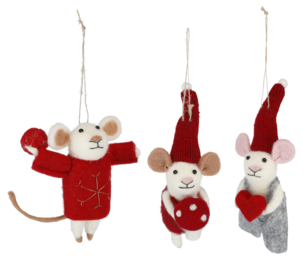 Handgjorda möss i tovad ull med snöre, 3-pack
