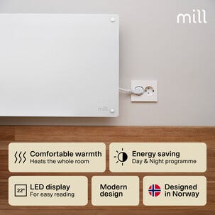 Mill panelelement med termostat, glas, vit