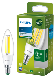 Kallvit LED-kronljuslampa E14 B35 2,3 W, Philips Ultra Efficient