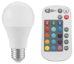 Dimbar LED-pære RGBW E27 4,8 W, med fjernkontroll