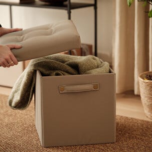 Sittepuff med oppbevaring, skinntrukket, grå