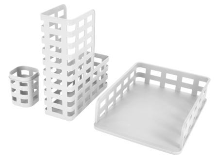 Kontorskit tidskriftsamlare, pennkopp och brevkorg