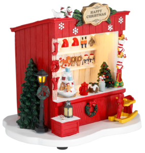 Juleby kiosk med lys og julemusikk