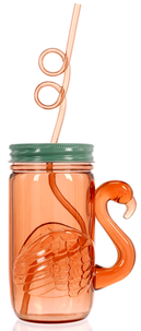 Plastkrus med lokk og sugerør, flamingo
