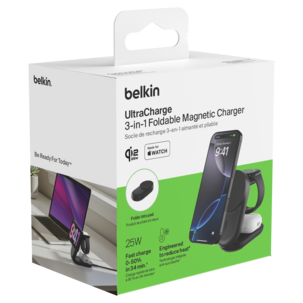 Belkin UltraCharge 3-i-1 sammenleggbar Qi2-lader, 25W