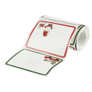 Juletiketter på rulle, motiv med jultomtar, 50-pack