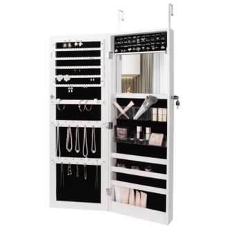 Ripustettava kaappi koruille ja meikeille peilillä, valkoinen