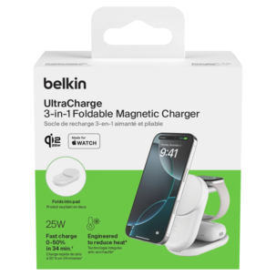 Belkin UltraCharge 3-i-1 sammenleggbar Qi2-lader, 25W