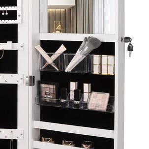 Ripustettava kaappi koruille ja meikeille peilillä, valkoinen