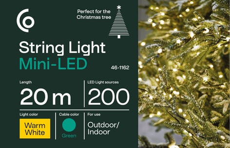 Mini LED ljusslinga varmvit grön kabel 200 lampor, 20 m